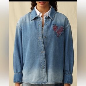 BAYEAS Light Wash Denim Shirt with Red Heart Patch